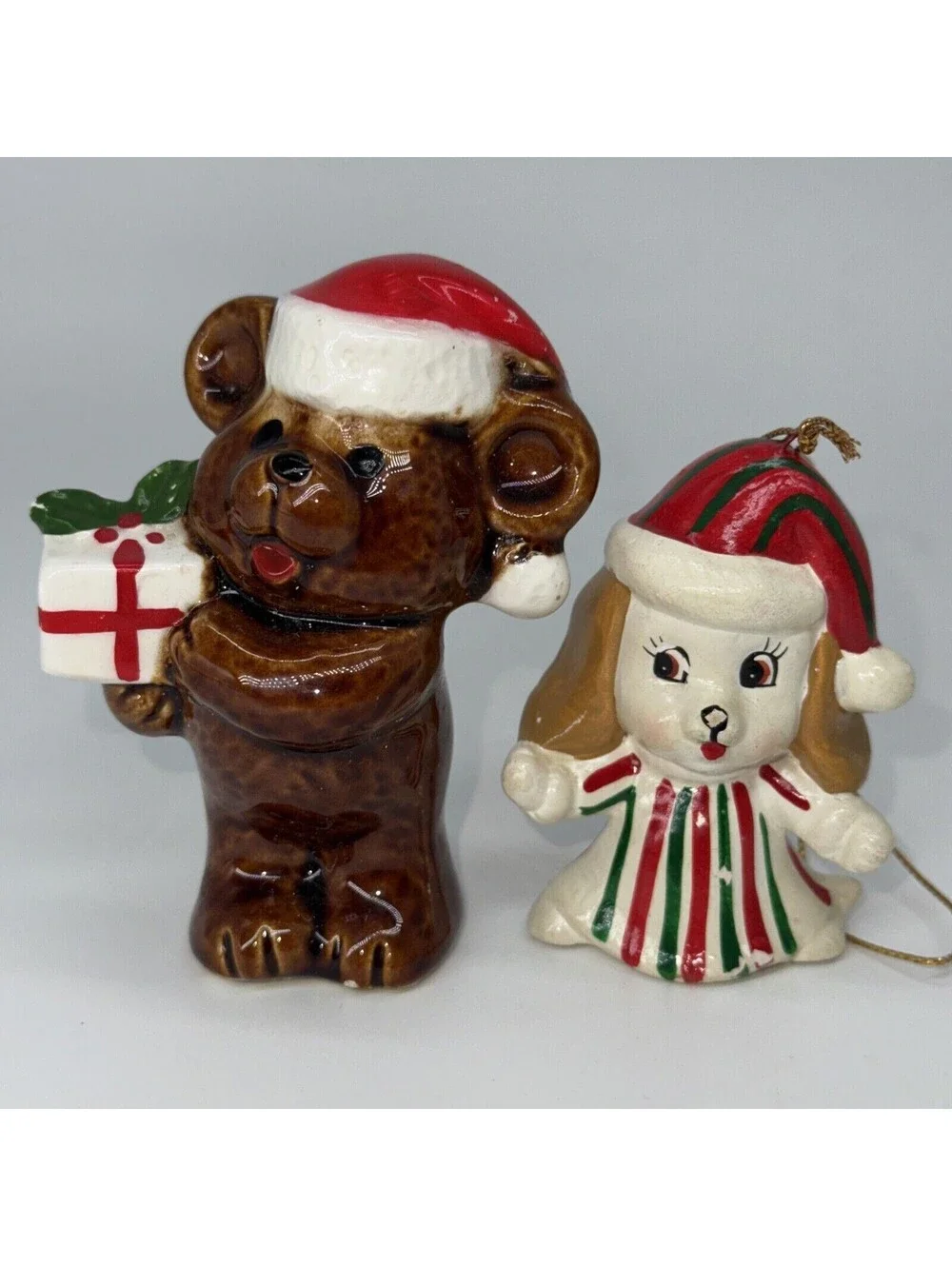 2 Vintage Ceramic Christmas Santa Bear Dog Ornament Figurine Lefton Sticker 2